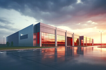 Obraz premium Modern big warehouse building facility exterior with windows at sunset