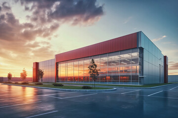 Modern big warehouse building facility exterior with windows at sunset - obrazy, fototapety, plakaty