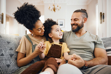 Smile, bonding and interracial family on the sofa for conversation, love and talking. Happy, house...