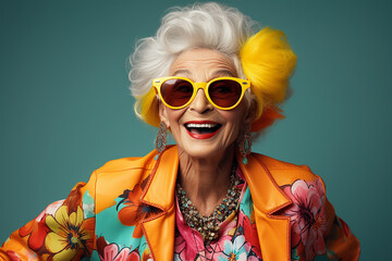 Happy, cool, fashionable old lady in outrageous yellow clothes and sunglasses.