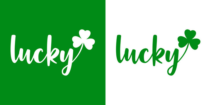 D&iacute;a de San Patricio. Logo aislado con letras palabra lucky en texto manuscrito con silueta de tr&eacute;bol de 3 hojas