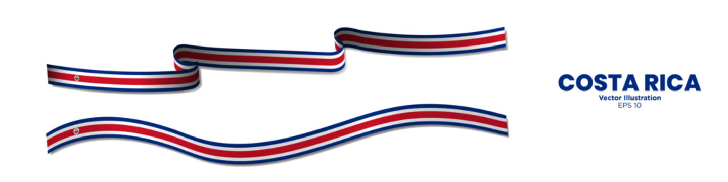 3d Rendered Costa Rica Flag Ribbons with shadows. Long Costa Rican Flag Bands Set. Curled and rendered in perspective. Graphic Resource. Editable Vector Illustration.
