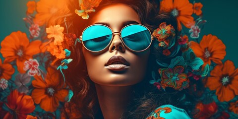 a beautiful flower power woman with cool sunglasses