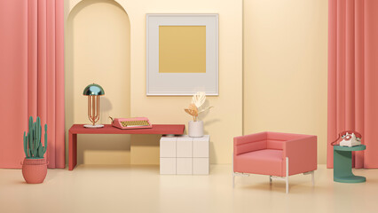 Memphis style conceptual interior room. Colorfull living room interior two green armchairs, red shelf with art decoration, clock, lamp, carpet on coral pink and beige concrete floor. 3D rendering.	