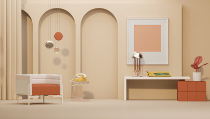 Memphis style conceptual interior room. Colorfull living room interior two green armchairs, red shelf with art decoration, clock, lamp, carpet on Peach Fuzz is color trend of the Year 2024