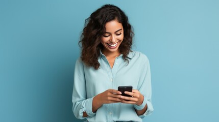 Young adult smiling happy pretty latin woman holding mobile phone looking at smartphone, typing message doing ecommerce shopping on cell, isolated on blue background  - generative AI, fiction Person