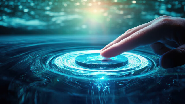 Finger press on emergency stop switch button, Machine control of ocean, concept