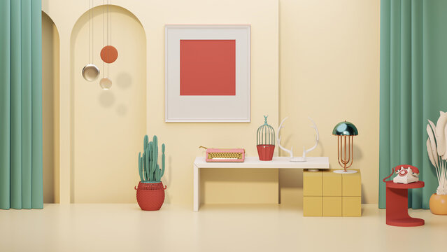 Memphis style conceptual interior room. Colorfull living room interior two green armchairs, red shelf with art decoration, clock, lamp, carpet on coral pink and beige concrete floor. 3D rendering.	