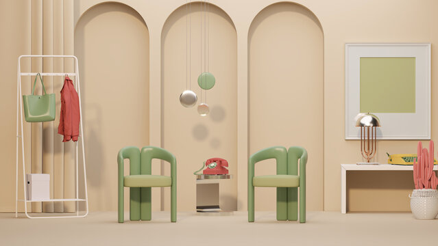 Memphis style conceptual interior room. Colorfull living room interior two green armchairs, red shelf with art decoration, clock, lamp, carpet on coral pink and beige concrete floor. 3D rendering.	