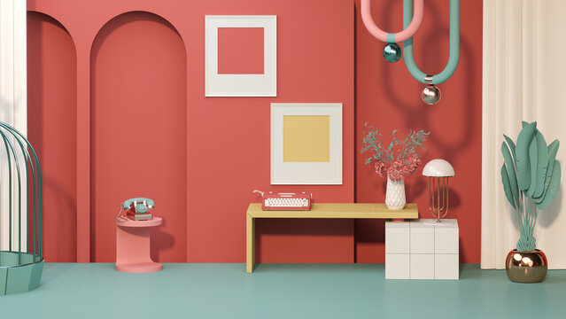 Memphis style conceptual interior room. Colorfull living room interior two green armchairs, red shelf with art decoration, clock, lamp, carpet on coral pink and beige concrete floor. 3D rendering.	