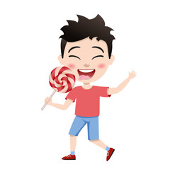 child licks lollipop. happy cute little kid boy and girl eat candy and sweets. Unhealthy eating. Lollipop. Handsome asian boy. People character