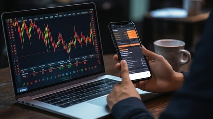 Investor using mobile phone and laptop checking trade market data. Stock trader broker looking at computer analyzing trading cryptocurrency finance market crypto  - generative AI, fiction Person