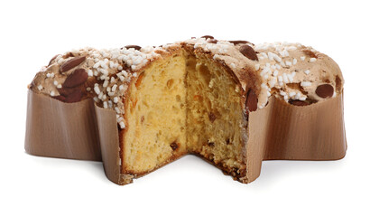 Delicious Italian Easter dove cake (traditional Colomba di Pasqua) on white background