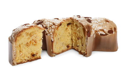 Delicious Italian Easter dove cake (traditional Colomba di Pasqua) on white background