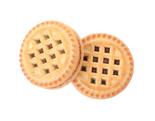 Tasty sandwich cookies with cream isolated on white, top view