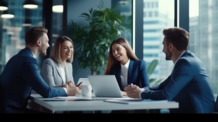 Professional executives business group working with documents at meeting in office. Smiling corporate board team having discussion planning company project strategy - generative AI, fiction Person