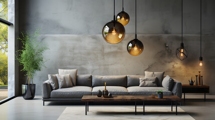 White wall with plain concrete accents. Gray sofa
