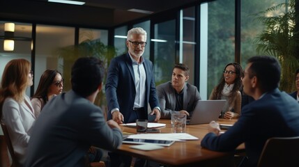 Older Latin company manager leading team meeting in office. Happy diverse professional people group working together in boardroom. Mature business man boss talking  - generative AI, fiction Person