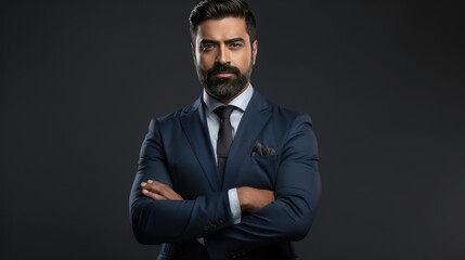 Proud confident bearded indian business man investor, rich ethnic ceo, corporate executive, professional lawyer banker, male office employee standing isolated on gray  - generative AI, fiction Person