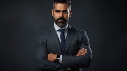Fototapeta premium Proud confident bearded indian business man investor, rich ethnic ceo, corporate executive, professional lawyer banker, male office employee standing isolated on gray - generative AI, fiction Person