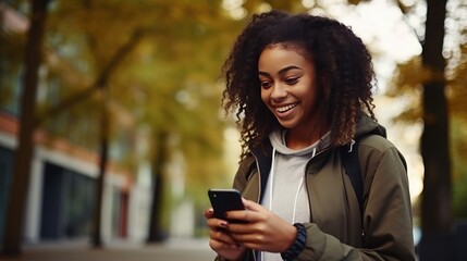 Smiling happy cute African teen girl student holding cellphone looking away with smartphone technology device in hand walking in college park outside - generative AI, fiction Person