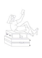 Happy young girl Tourist sitting on a Pile Of Luggage and taking a selfie on the phone. Illustration in line Art style of travelers isolated on white background