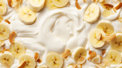 Yogurt and fresh bananas, background. Top view. Generative AI