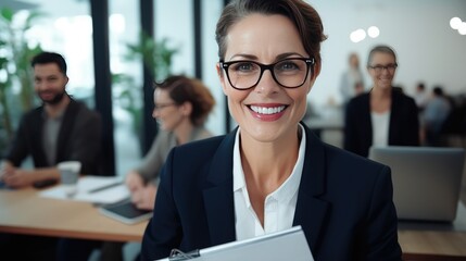 Smiling mature business woman hr holding cv at job interview. Happy mid aged professional banking financial manager, insurance agent, lawyer consulting clients - generative AI, fiction Person