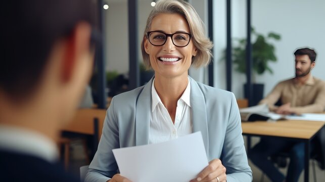 Smiling mature business woman hr holding cv at job interview. Happy mid aged professional banking financial manager, insurance agent, lawyer consulting clients  - generative AI, fiction Person