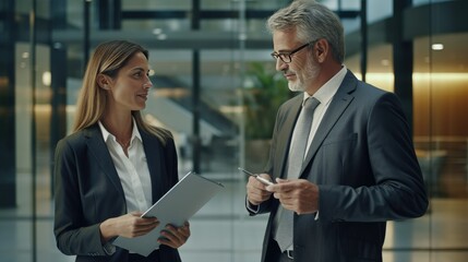 Two busy older professional corporate business executives man and woman wearing suits holding tablet technology device having discussion working on digital project  - generative AI, fiction Person