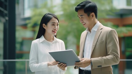 Two happy professional business people team Asian woman and Latin man workers working using digital tablet tech discussing financial market data  - generative AI, fiction Person