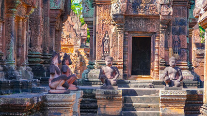 Mysterious Ancient ruins Banteay Srei temple - famous Cambodian landmark, Angkor Wat complex of...