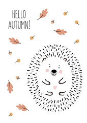 Autumn greeting card with cute hedgehog