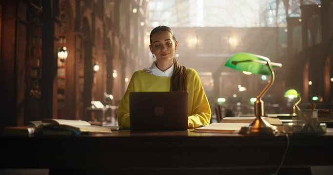 Cinematic Footage of an Inspired University Graduate Using a Laptop Computer in a Reading Hall of the Library. PhD Scholar Making Biological and Biomedical Research Project with Focus on Science