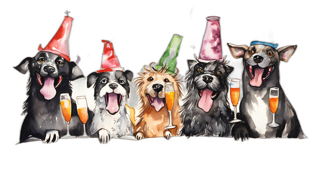 painting of dogs with happy birthday hats on transparent background