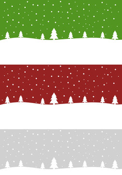 Weihnachtskarte mit Winterlandschaft in gr&uuml;n, rot und grau