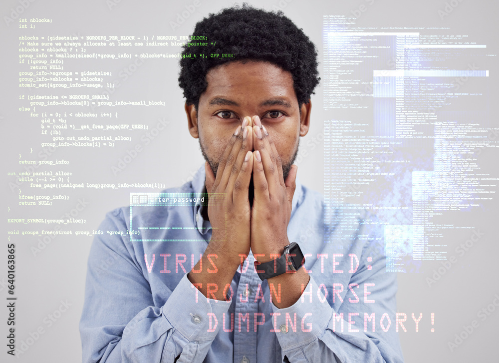 Fototapete Black man, surprised portrait and computer virus overlay with online scam and hacker malware. Software glitch, error and system fail of a male professional with tech error, user problem and stress