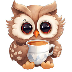 Fototapeta premium illustration of owl drinking coffee on transparent background