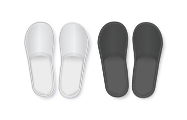 Realistic White and Black Detailed Hotel Slippers on White Background. Comfortable Footwear. Vector