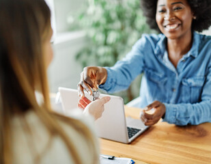 couple house home office businesswoman agent woman estate meeting business new apartment key...