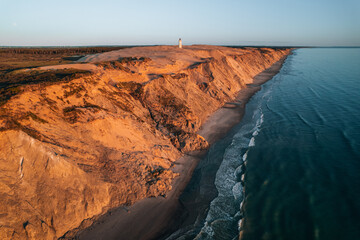Aerial Drone Photo at Rubjerg Knude Lighthouse during sunset, Denmark Coastline