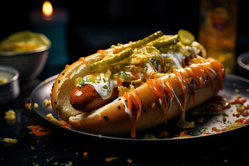 Generative AI Illustration of Buffalo Sauce Hot Dog With Ranch Style Mayo