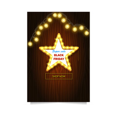 Black Friday retro sale banner with light frame shaped star and lighting bulbs on wood background