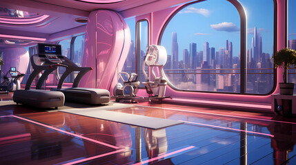 A futuristic practice room with holographic exercise equipment and a shape-shifting floor