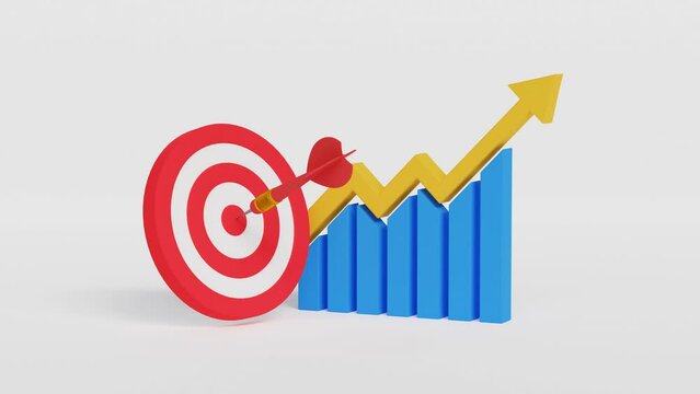 Target icon and growth graph with rise up arrow. 3D animation of bar graph and target. Business growth process, Profit, Investment, Economic improvement concepts