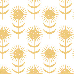 Fototapeta premium Seamless pattern with sunflowers on white background. Decorative background. Print for wrapping, fabric, background, wallpaper
