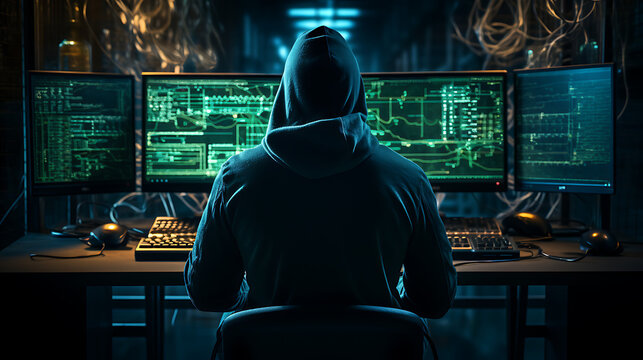 Secret hacker working in a computer - shot from behind, blue colors. Hacking, hacker, hoodie