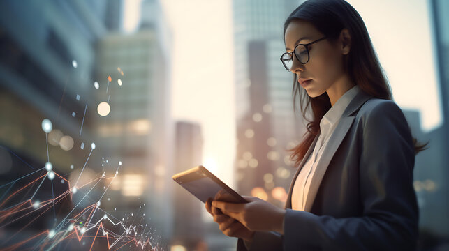  AI technology in data analysis by creating an image of a businesswoman using a tablet to analyze data while on - the - go, with a blurred urban background