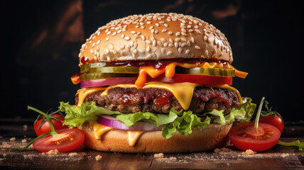 Tempting Taste: Close-Up Food Shot of a Perfectly Stacked Hamburger