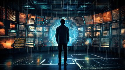 A silhouette of a male person standing in front of a giant digital screen with a flow of data showing various cyber threats and vulnerabilities